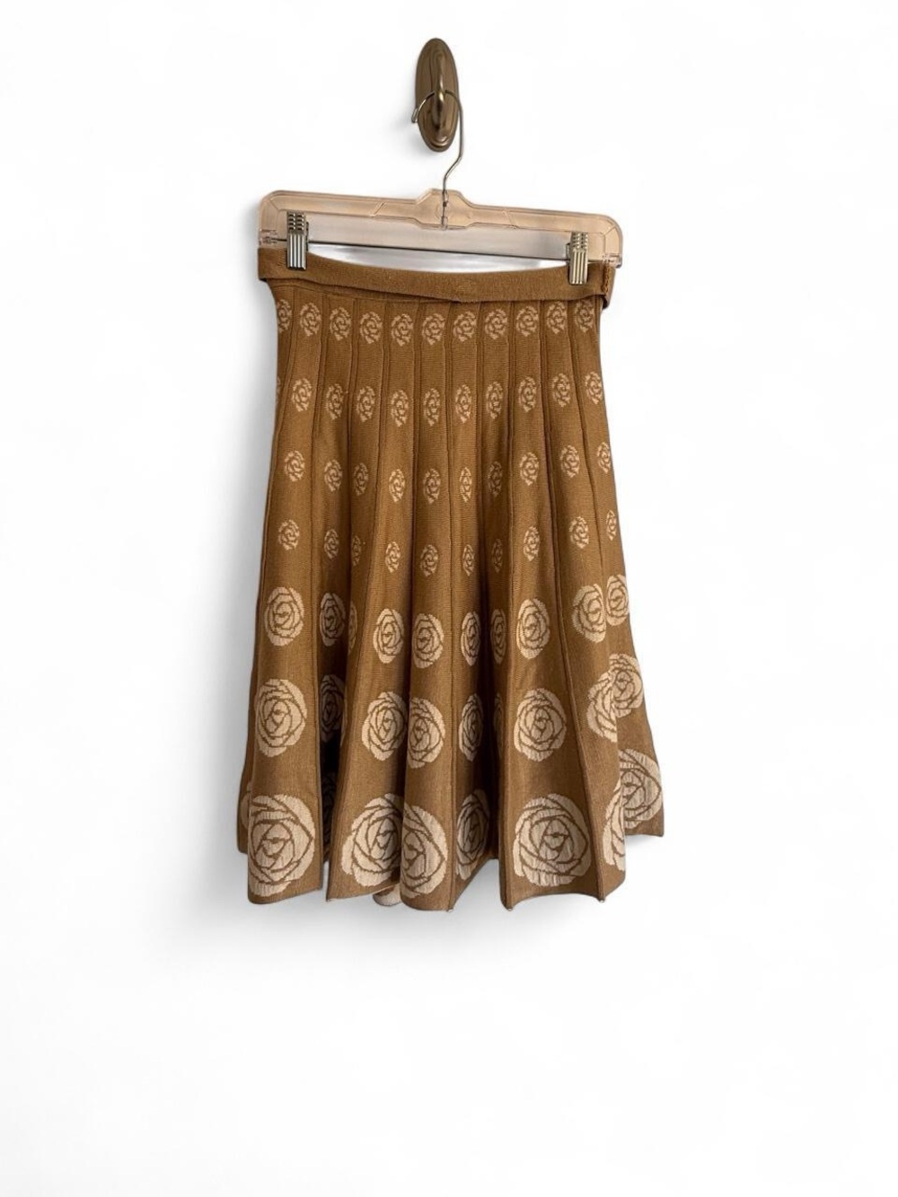 Ariella Pleated Knit Midi Skirt M Brown Cream Rose Pattern Lined Coquette Retro
